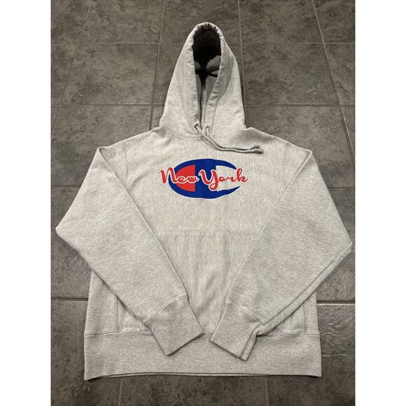 Vintage Men’s Champion Reverse Weave Hoodie Sweatshirt Medium Grey New York NY - Picture 2 of 8